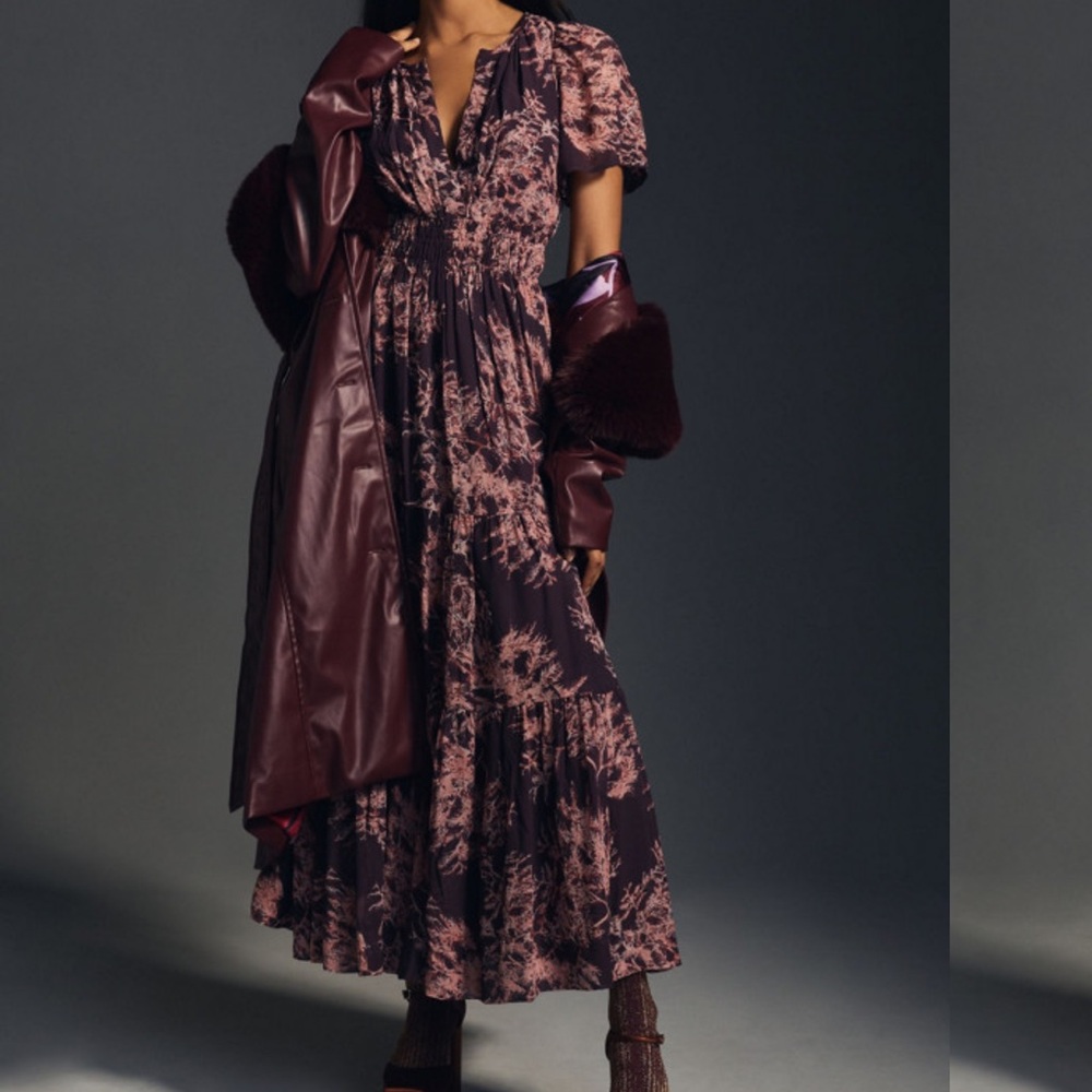 Anthropologie Dark Floral Maxi Dress in Purple and Pink